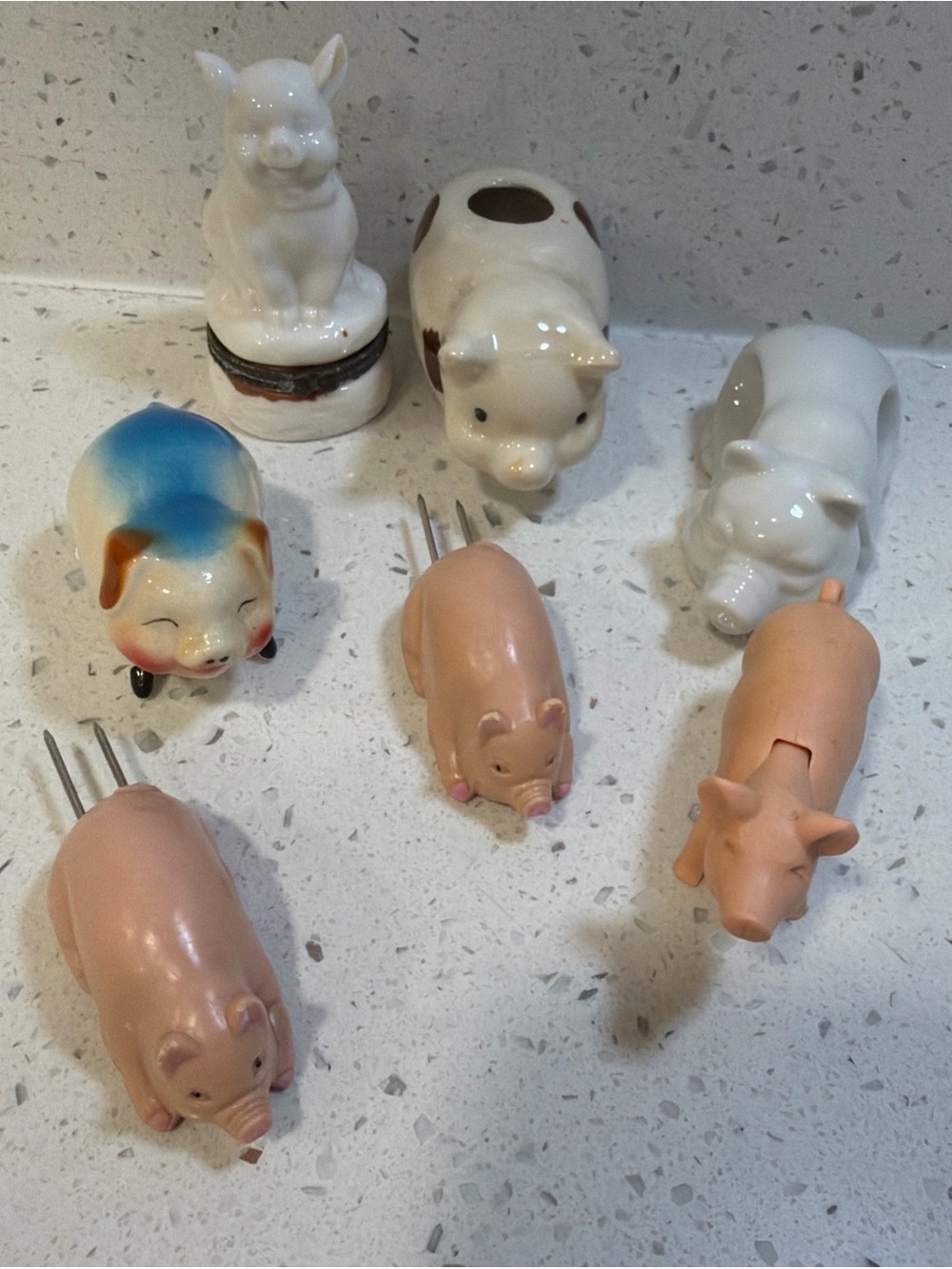 Vintage Pig Figurine Lot - Pink & White Ceramic and Plastic Pigs